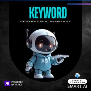 AI robot in a hoodie holding a tablet, representing SEO Keyword AI Assistant automating keyword research using AI SEO tools and Make.com integration.