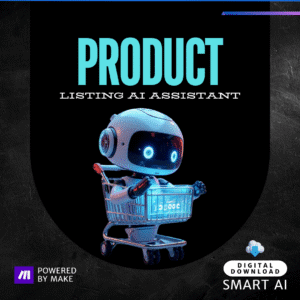 3D robot in shopping cart symbolizing product listing AI assistant for e-commerce automation, powered by Make.com, digital download