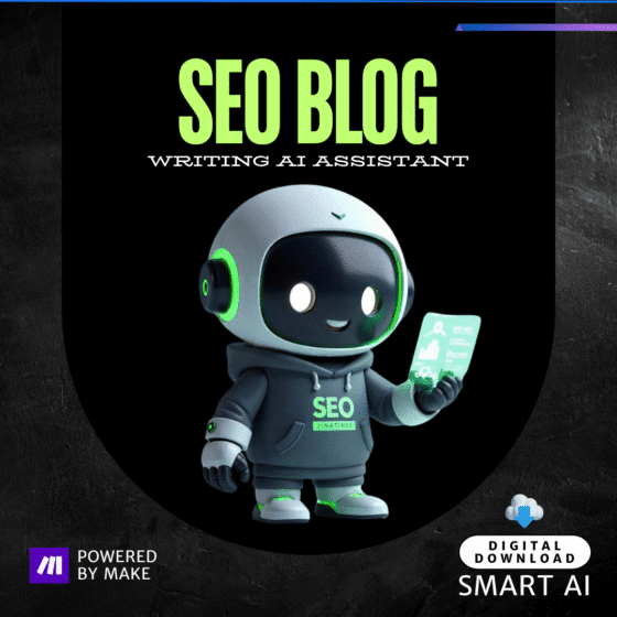 Smiling AI robot in SEO hoodie holding content card, representing SEO Blog AI Assistant automating blog writing using AI and automation tools.