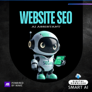 AI robot in SEO outfit holding a tablet, symbolizing Website SEO AI Assistant performing AI website optimization and automated SEO analysis.