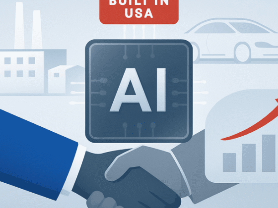 Illustration of human-robot handshake symbolizing tech partnerships on a growth roadmap with ai branding icons
