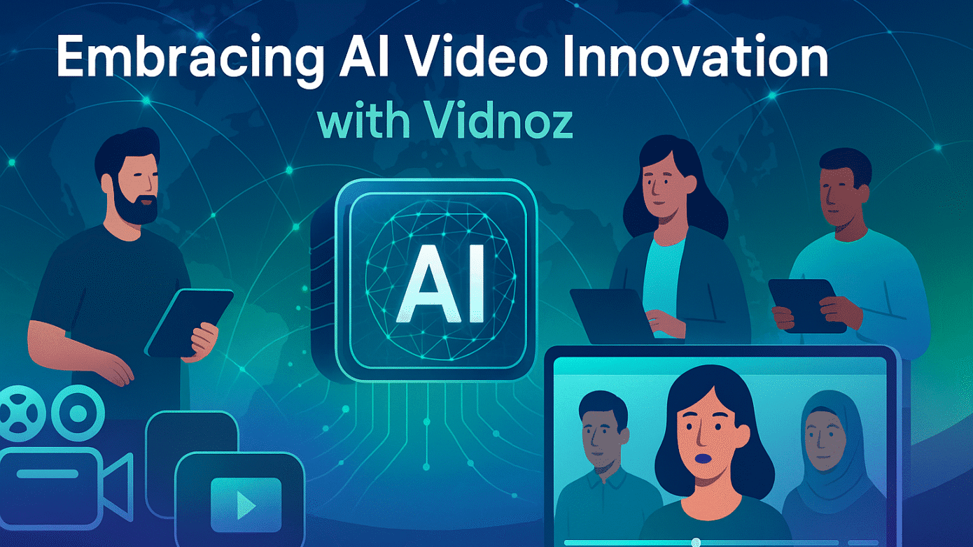 Image of a small business owner using free AI writing tools on a laptop, with Vidnoz logo visible, enhancing video content creation.