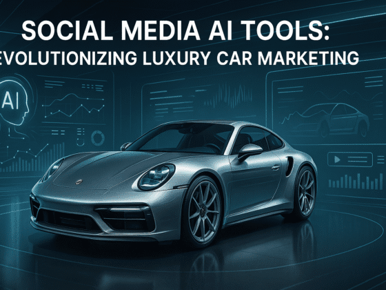 "Image of a luxury car showroom with digital icons representing social media AI tools enhancing marketing strategies."