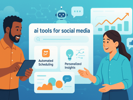 Dashboard showing analytics, chatbots, and automation icons representing ai tools for social media for small businesses.